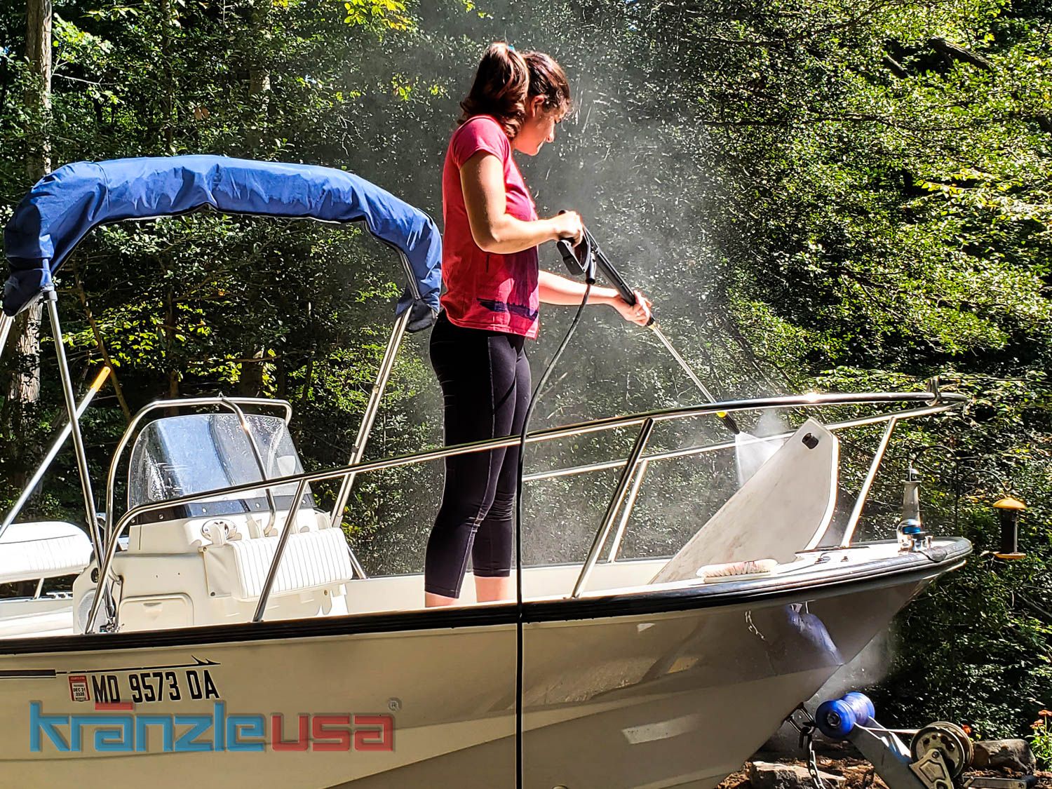 Annapolis boater cleaning their Boston Whaler with a Kranzle 1122TST pressure washer